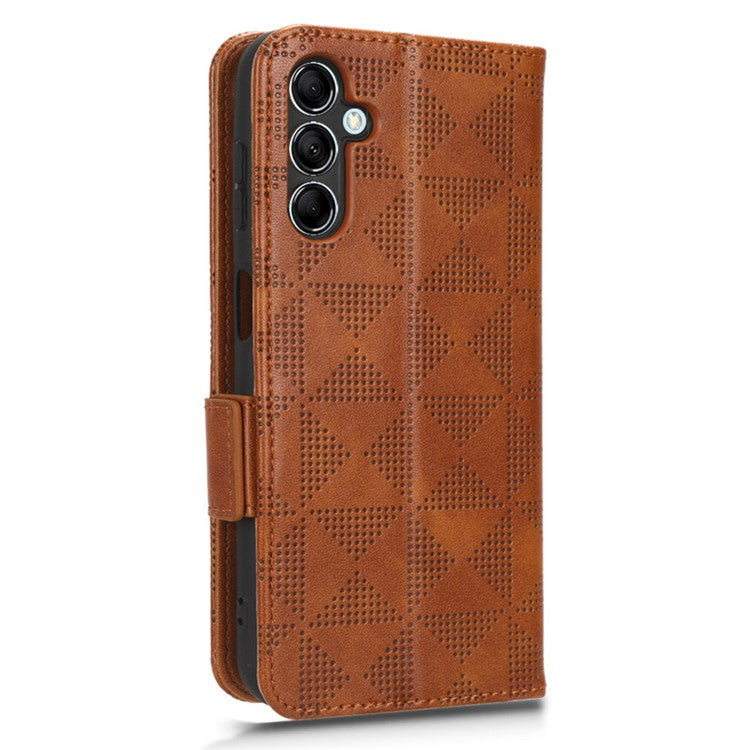For Samsung Galaxy M14 5G PU Leather Phone Wallet Case Imprinted Triangle Stand Phone Cover - Brown