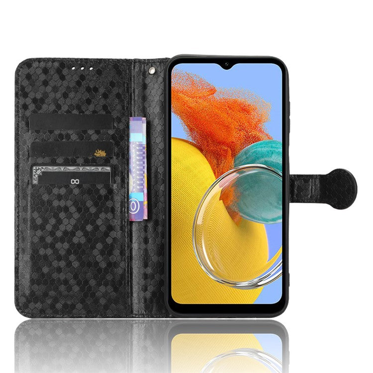 For Samsung Galaxy M14 5G Dot Pattern Imprinted Leather Wallet Case Stand Phone Cover - Black