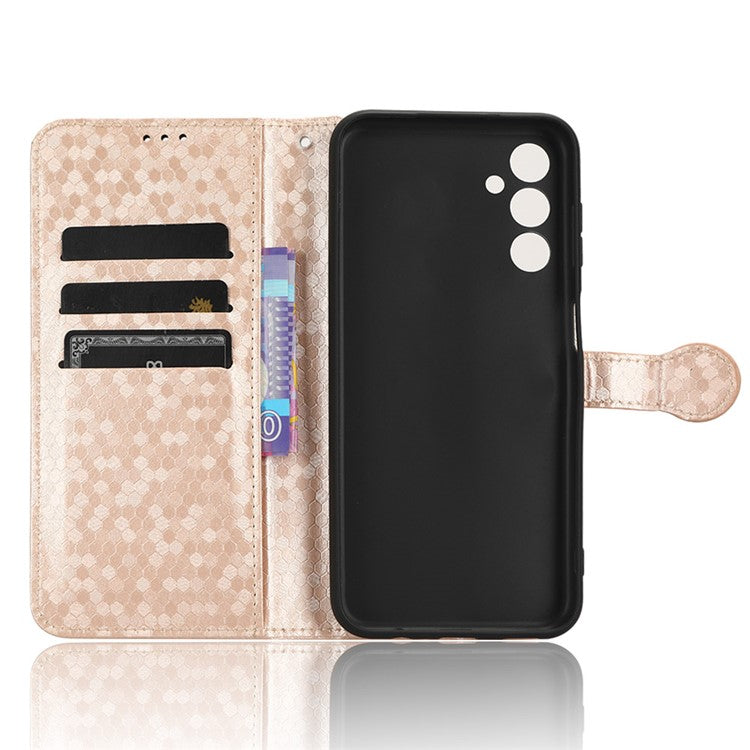 For Samsung Galaxy M14 5G Dot Pattern Imprinted Leather Wallet Case Stand Phone Cover - Rose Gold