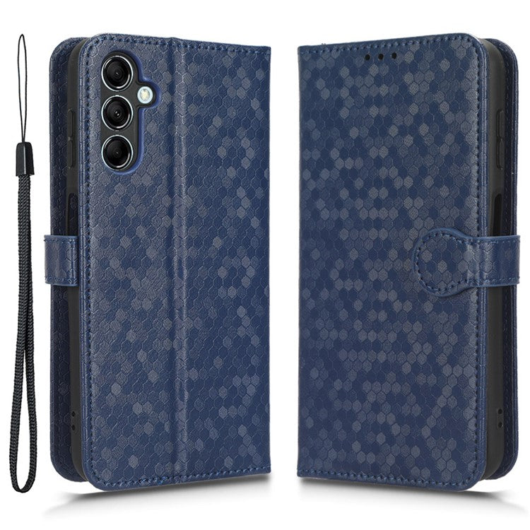 For Samsung Galaxy M14 5G Dot Pattern Imprinted Leather Wallet Case Stand Phone Cover - Dark Blue