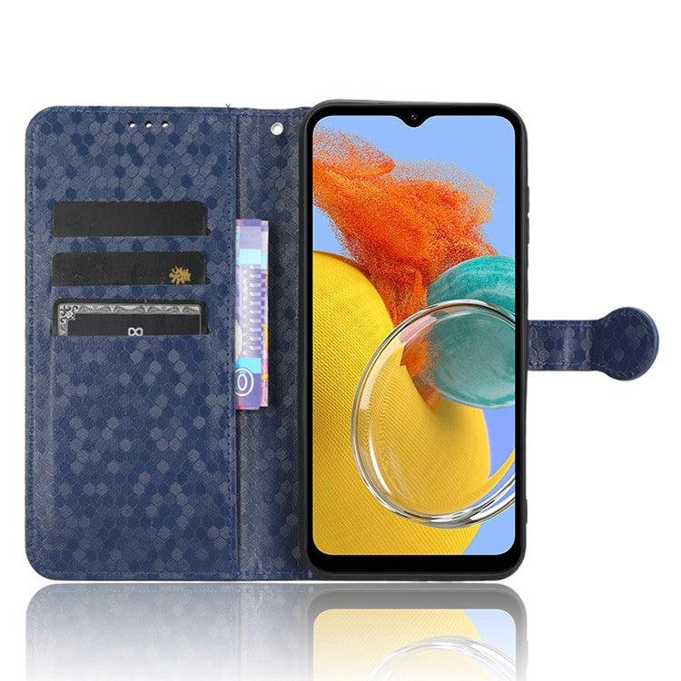 For Samsung Galaxy M14 5G Dot Pattern Imprinted Leather Wallet Case Stand Phone Cover - Dark Blue