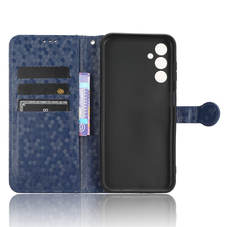 For Samsung Galaxy M14 5G Dot Pattern Imprinted Leather Wallet Case Stand Phone Cover - Dark Blue