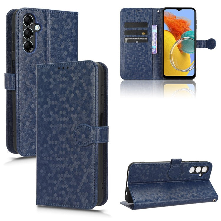 For Samsung Galaxy M14 5G Dot Pattern Imprinted Leather Wallet Case Stand Phone Cover - Dark Blue
