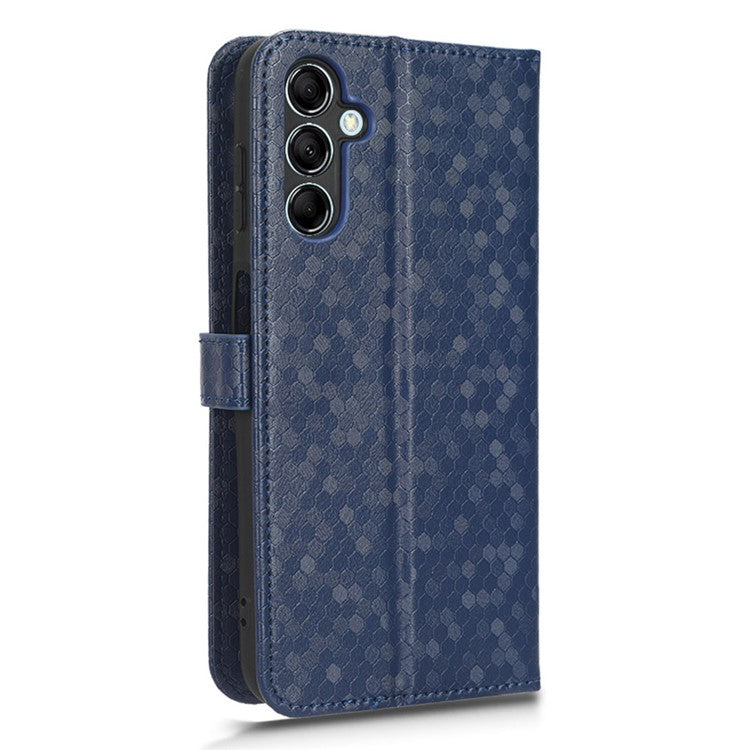 For Samsung Galaxy M14 5G Dot Pattern Imprinted Leather Wallet Case Stand Phone Cover - Dark Blue