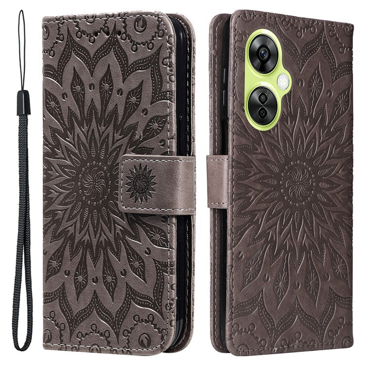 KT Imprinting Flower Series-1 for OnePlus Nord CE 3 Lite 5G / Nord N30 5G PU Leather Stand Wallet Cover Shockproof Phone Case with Strap - Grey
