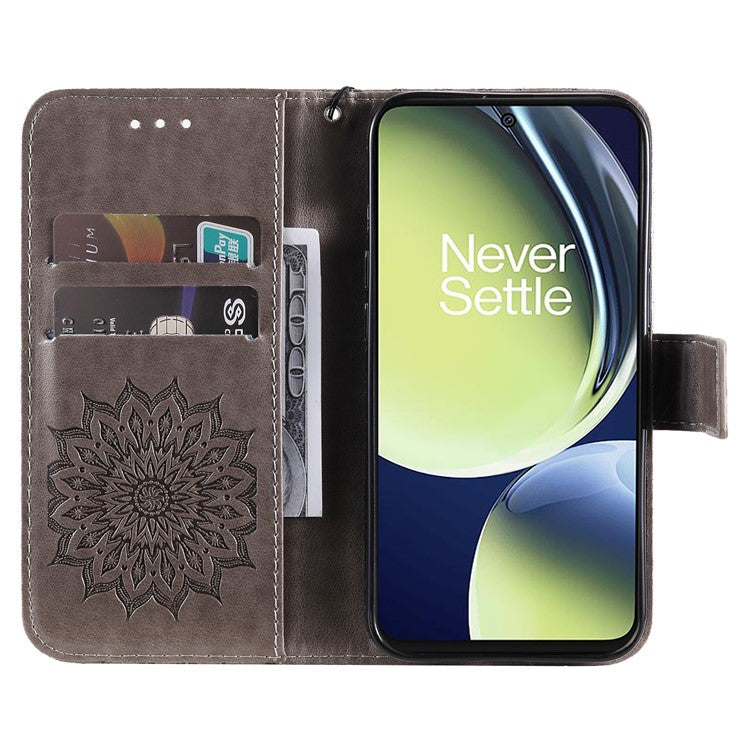 KT Imprinting Flower Series-1 for OnePlus Nord CE 3 Lite 5G / Nord N30 5G PU Leather Stand Wallet Cover Shockproof Phone Case with Strap - Grey