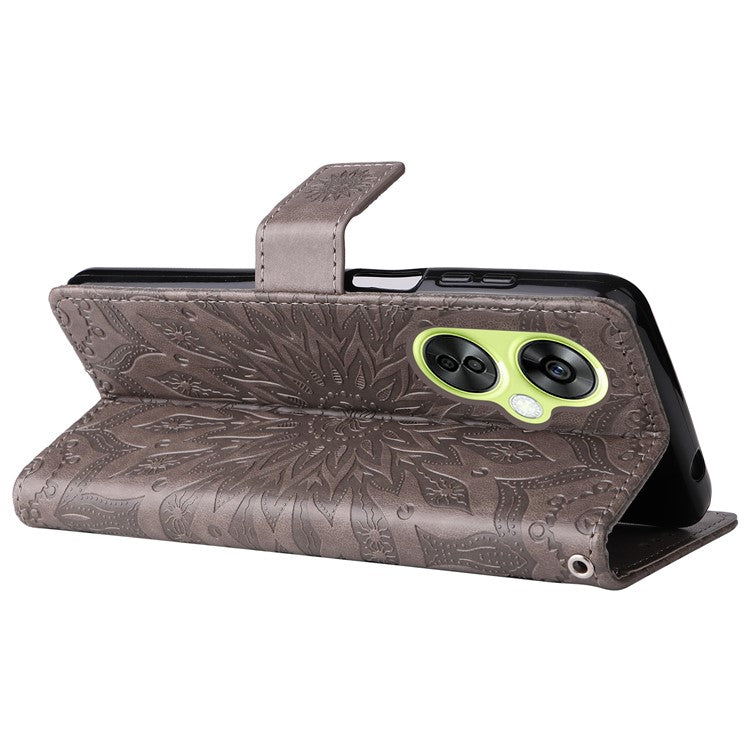 KT Imprinting Flower Series-1 for OnePlus Nord CE 3 Lite 5G / Nord N30 5G PU Leather Stand Wallet Cover Shockproof Phone Case with Strap - Grey