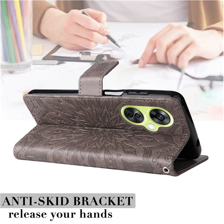 KT Imprinting Flower Series-1 for OnePlus Nord CE 3 Lite 5G / Nord N30 5G PU Leather Stand Wallet Cover Shockproof Phone Case with Strap - Grey