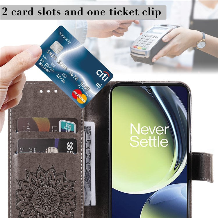 KT Imprinting Flower Series-1 for OnePlus Nord CE 3 Lite 5G / Nord N30 5G PU Leather Stand Wallet Cover Shockproof Phone Case with Strap - Grey