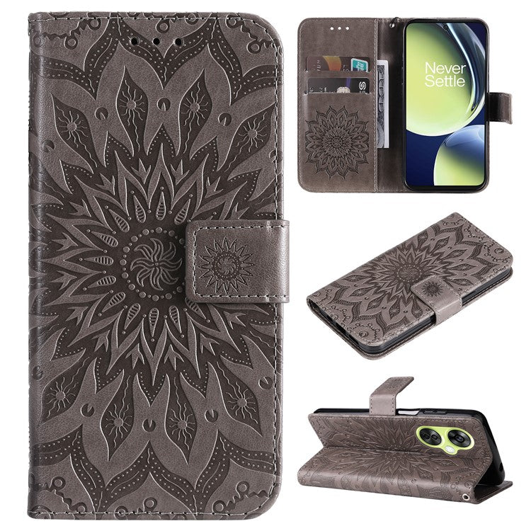 KT Imprinting Flower Series-1 for OnePlus Nord CE 3 Lite 5G / Nord N30 5G PU Leather Stand Wallet Cover Shockproof Phone Case with Strap - Grey