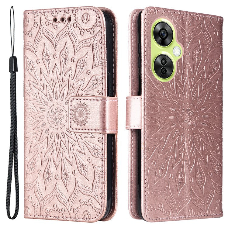 KT Imprinting Flower Series-1 for OnePlus Nord CE 3 Lite 5G / Nord N30 5G PU Leather Stand Wallet Cover Shockproof Phone Case with Strap - Rose Gold