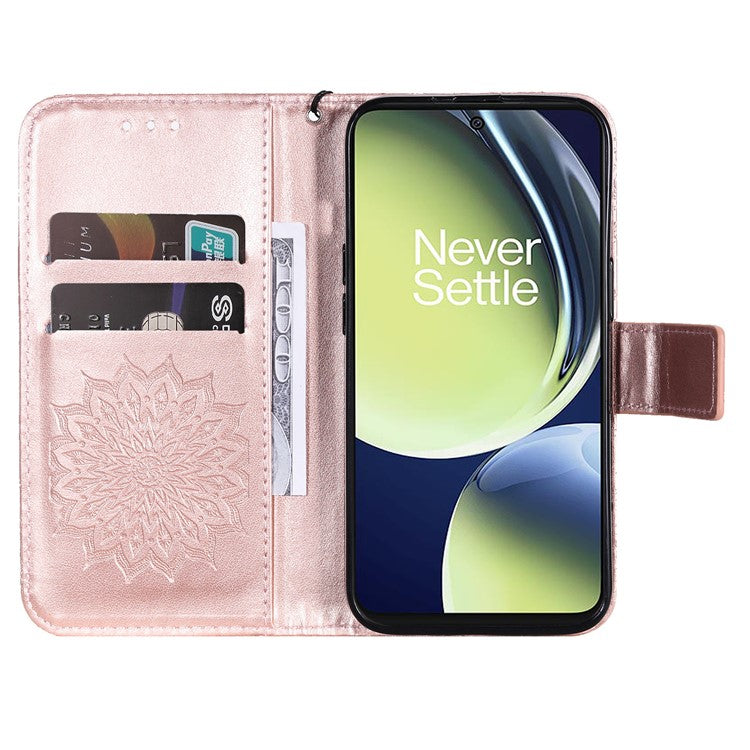 KT Imprinting Flower Series-1 for OnePlus Nord CE 3 Lite 5G / Nord N30 5G PU Leather Stand Wallet Cover Shockproof Phone Case with Strap - Rose Gold