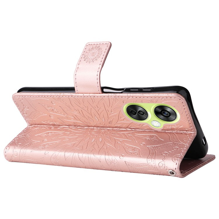 KT Imprinting Flower Series-1 for OnePlus Nord CE 3 Lite 5G / Nord N30 5G PU Leather Stand Wallet Cover Shockproof Phone Case with Strap - Rose Gold