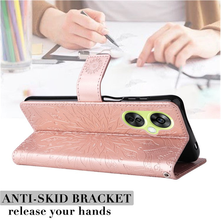 KT Imprinting Flower Series-1 for OnePlus Nord CE 3 Lite 5G / Nord N30 5G PU Leather Stand Wallet Cover Shockproof Phone Case with Strap - Rose Gold