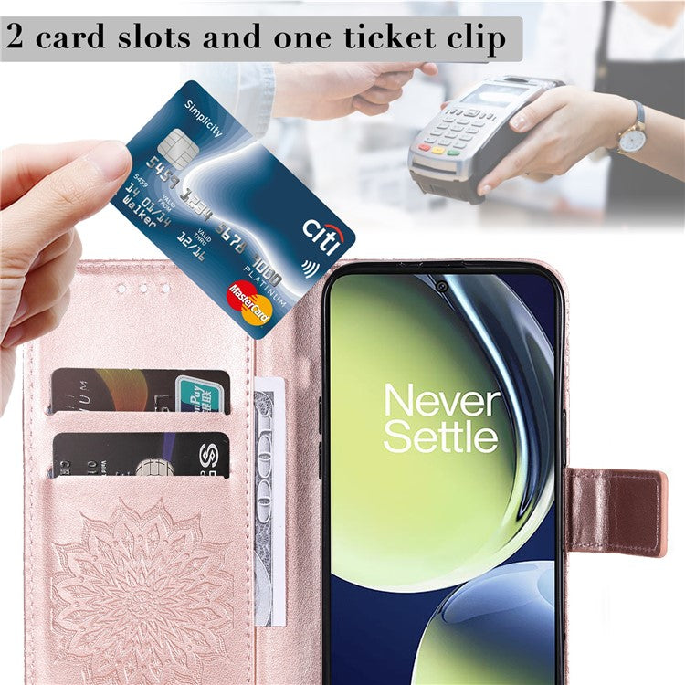 KT Imprinting Flower Series-1 for OnePlus Nord CE 3 Lite 5G / Nord N30 5G PU Leather Stand Wallet Cover Shockproof Phone Case with Strap - Rose Gold
