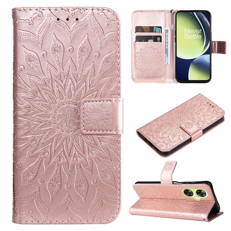 KT Imprinting Flower Series-1 for OnePlus Nord CE 3 Lite 5G / Nord N30 5G PU Leather Stand Wallet Cover Shockproof Phone Case with Strap - Rose Gold