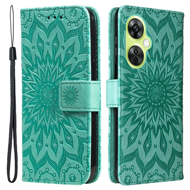KT Imprinting Flower Series-1 for OnePlus Nord CE 3 Lite 5G / Nord N30 5G PU Leather Stand Wallet Cover Shockproof Phone Case with Strap - Green