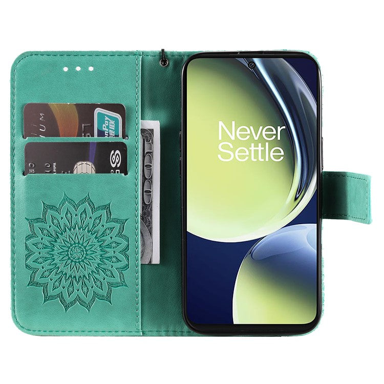 KT Imprinting Flower Series-1 for OnePlus Nord CE 3 Lite 5G / Nord N30 5G PU Leather Stand Wallet Cover Shockproof Phone Case with Strap - Green