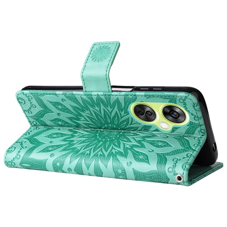 KT Imprinting Flower Series-1 for OnePlus Nord CE 3 Lite 5G / Nord N30 5G PU Leather Stand Wallet Cover Shockproof Phone Case with Strap - Green