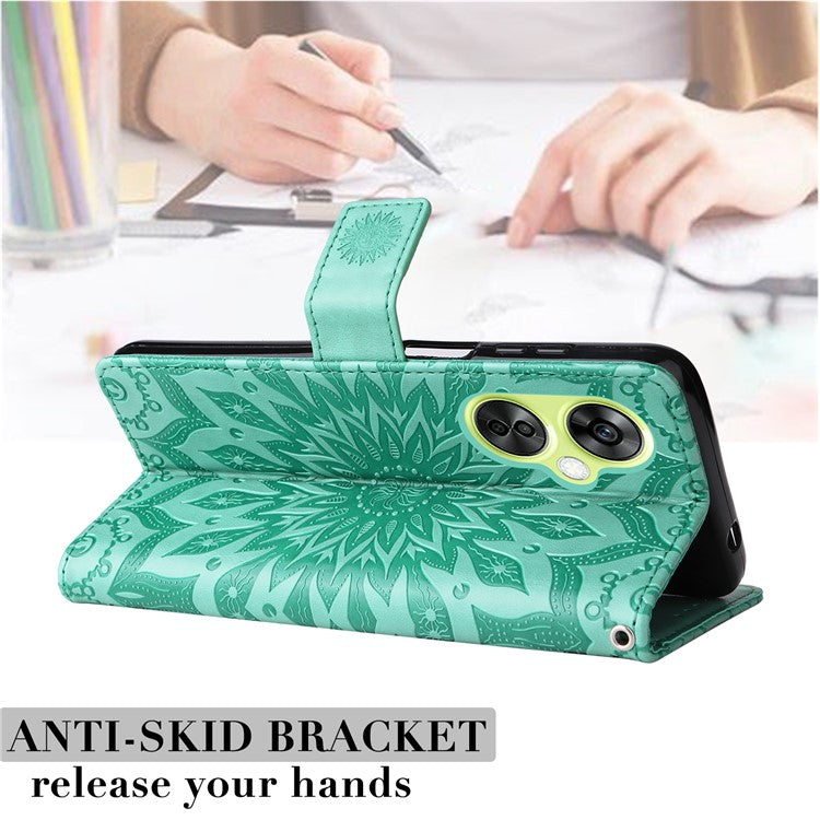 KT Imprinting Flower Series-1 for OnePlus Nord CE 3 Lite 5G / Nord N30 5G PU Leather Stand Wallet Cover Shockproof Phone Case with Strap - Green
