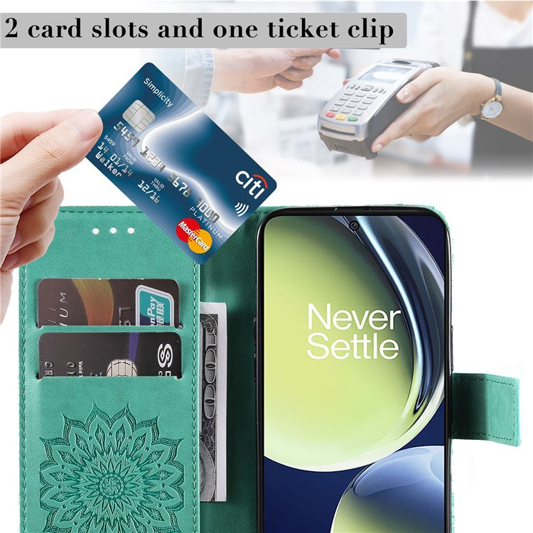 KT Imprinting Flower Series-1 for OnePlus Nord CE 3 Lite 5G / Nord N30 5G PU Leather Stand Wallet Cover Shockproof Phone Case with Strap - Green