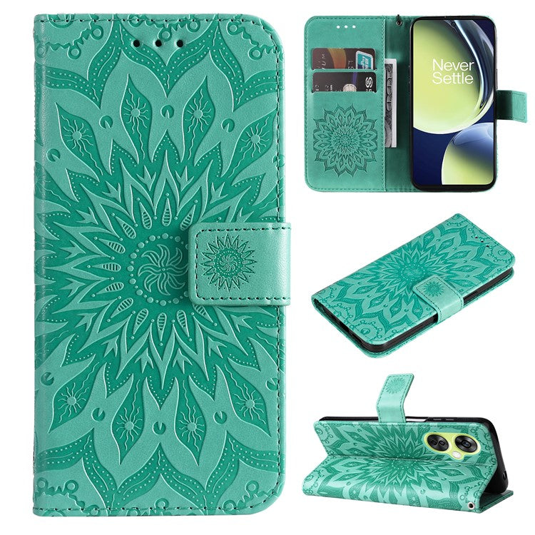 KT Imprinting Flower Series-1 for OnePlus Nord CE 3 Lite 5G / Nord N30 5G PU Leather Stand Wallet Cover Shockproof Phone Case with Strap - Green