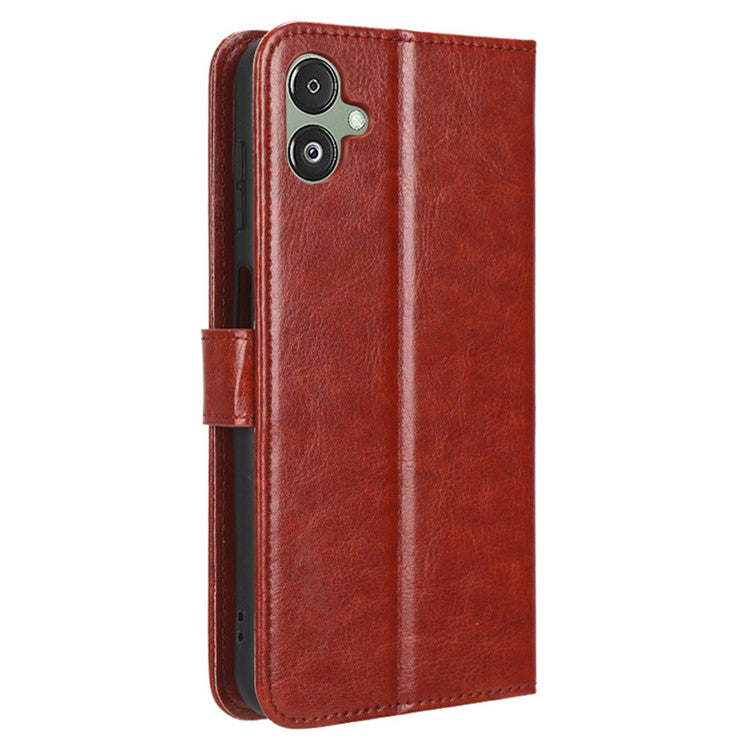 For Samsung Galaxy F14 5G Anti-Dust Crazy Horse Texture Phone Case Stand PU Leather Wallet Shell - Brown