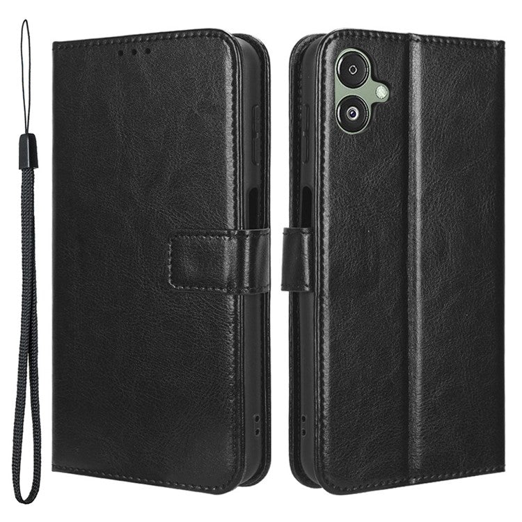 For Samsung Galaxy F14 5G Anti-Dust Crazy Horse Texture Phone Case Stand PU Leather Wallet Shell - Black