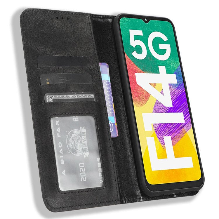 For Samsung Galaxy F14 5G Magnetic Closure Phone Cover Retro Stand Wallet Flip PU Leather Phone Case - Black
