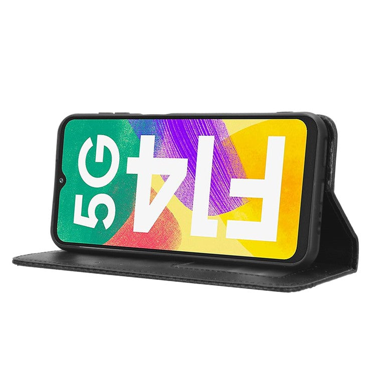 For Samsung Galaxy F14 5G Magnetic Closure Phone Cover Retro Stand Wallet Flip PU Leather Phone Case - Black