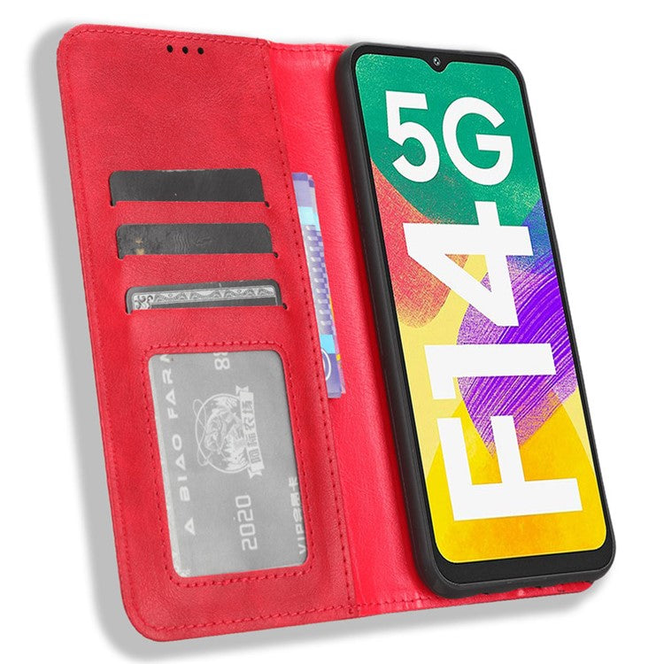 For Samsung Galaxy F14 5G Magnetic Closure Phone Cover Retro Stand Wallet Flip PU Leather Phone Case - Red