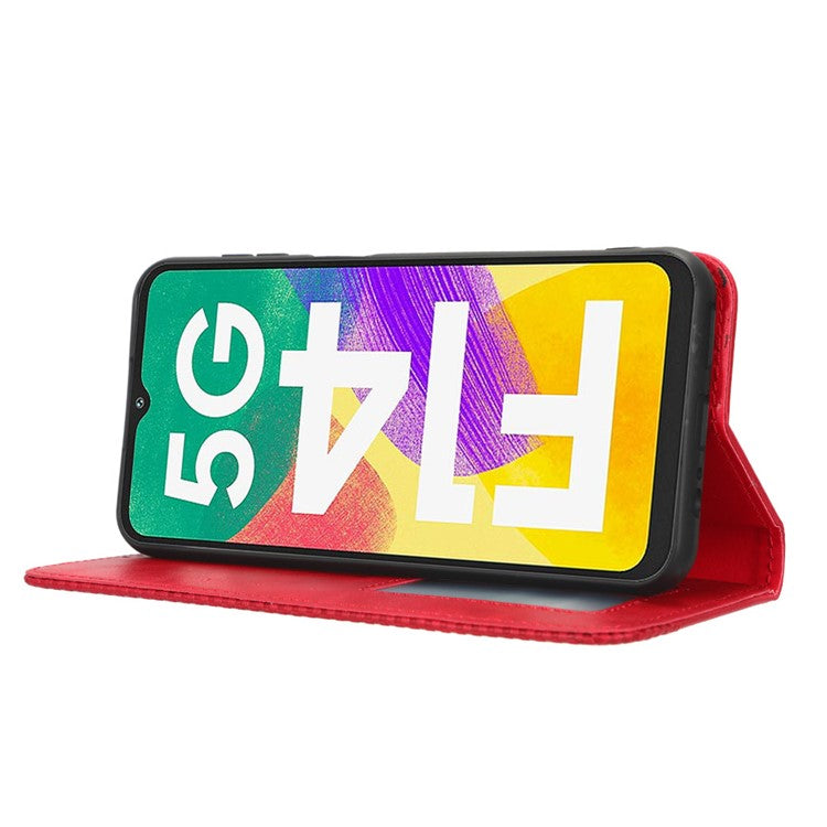 For Samsung Galaxy F14 5G Magnetic Closure Phone Cover Retro Stand Wallet Flip PU Leather Phone Case - Red