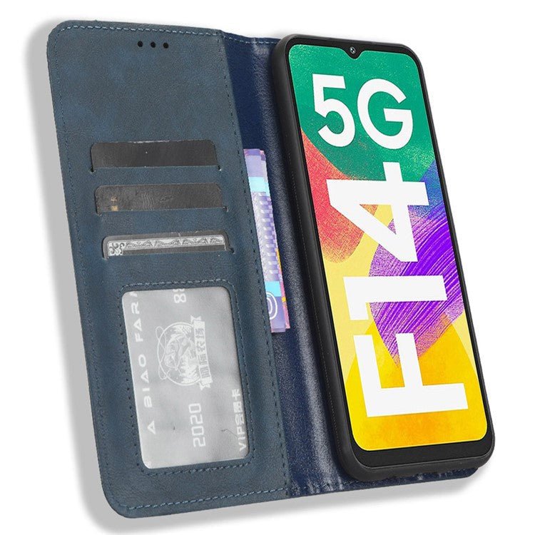 For Samsung Galaxy F14 5G Magnetic Closure Phone Cover Retro Stand Wallet Flip PU Leather Phone Case - Blue