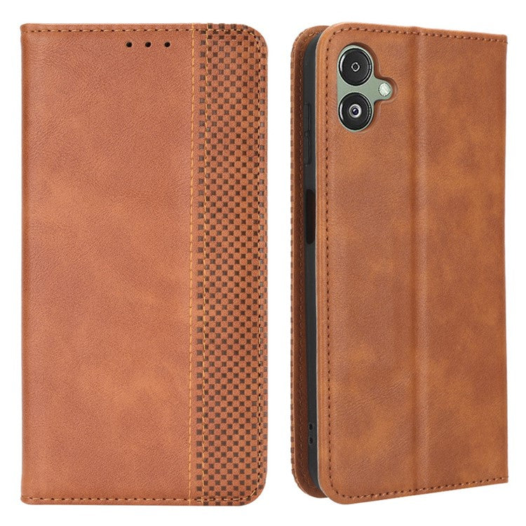 For Samsung Galaxy F14 5G Magnetic Closure Phone Cover Retro Stand Wallet Flip PU Leather Phone Case - Brown