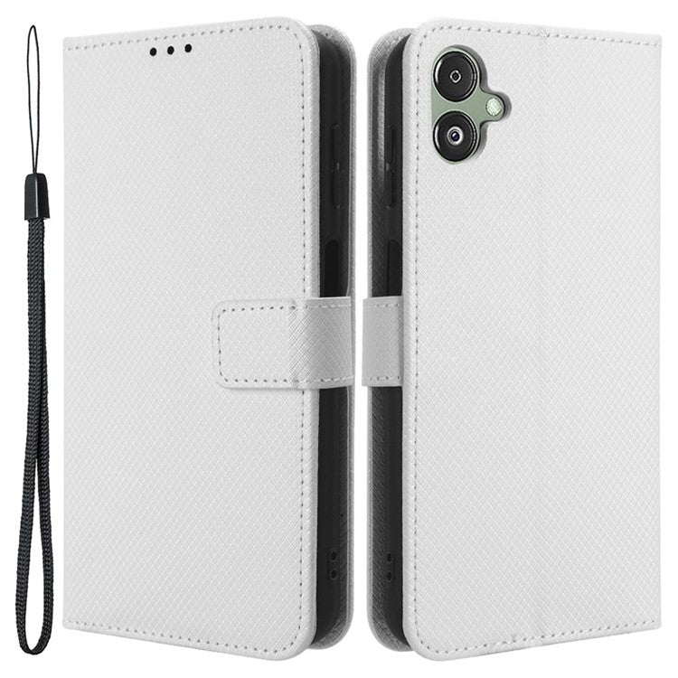 For Samsung Galaxy F14 5G Phone Case PU Leather Stand Wallet Diamond Texture Phone Cover - White