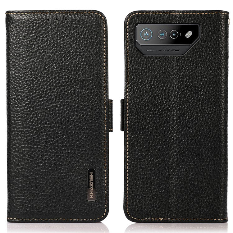 KHAZNEH For Asus ROG Phone 7 5G Wallet Case with RFID Blocking Genuine Cow Leather Stand Phone Cover - Black