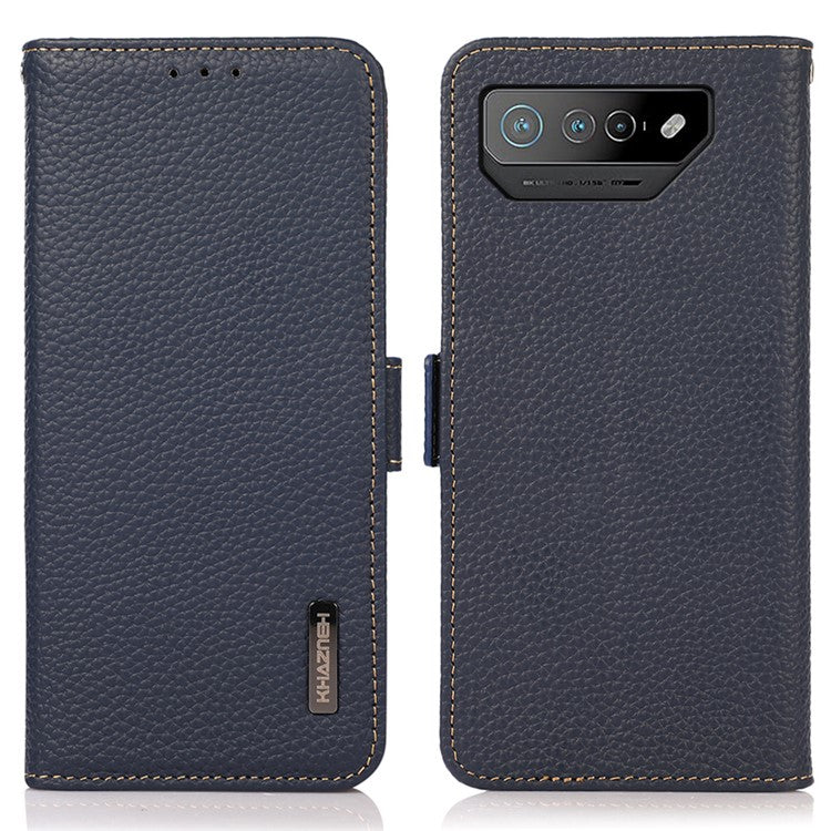 KHAZNEH For Asus ROG Phone 7 5G Wallet Case with RFID Blocking Genuine Cow Leather Stand Phone Cover - Blue