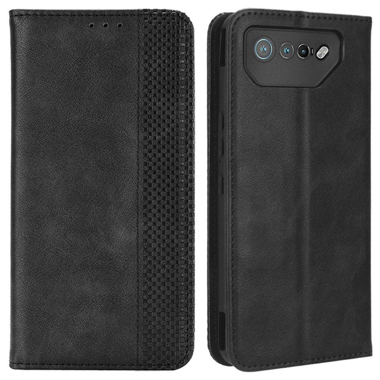 For Asus ROG Phone 7 5G Retro PU Leather Cover Stand Wallet Magnetic Closure Mobile Phone Case - Black
