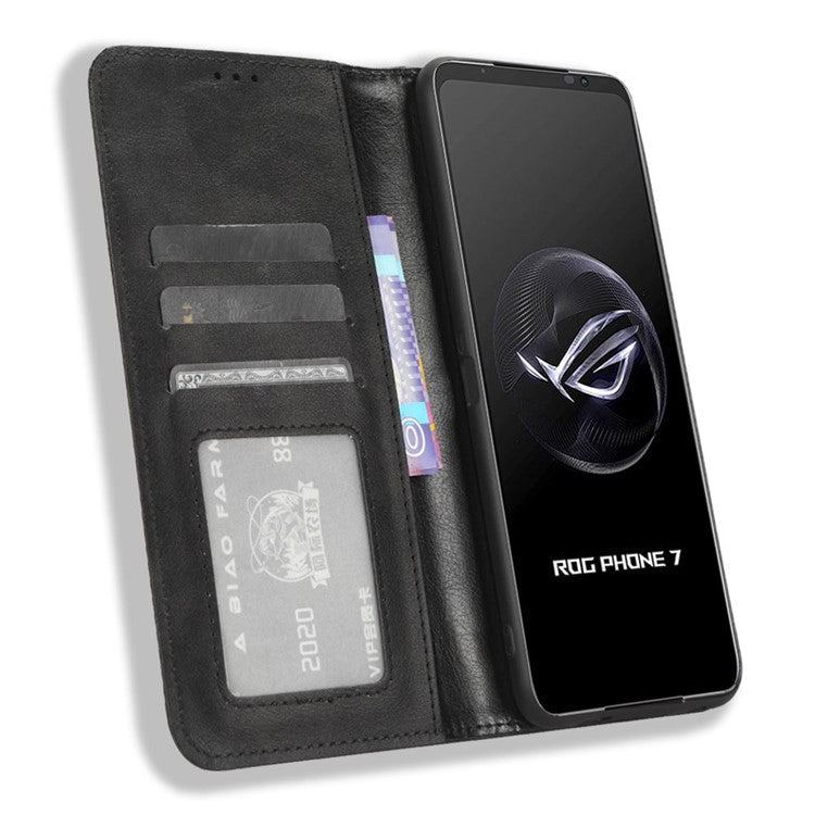 For Asus ROG Phone 7 5G Retro PU Leather Cover Stand Wallet Magnetic Closure Mobile Phone Case - Black