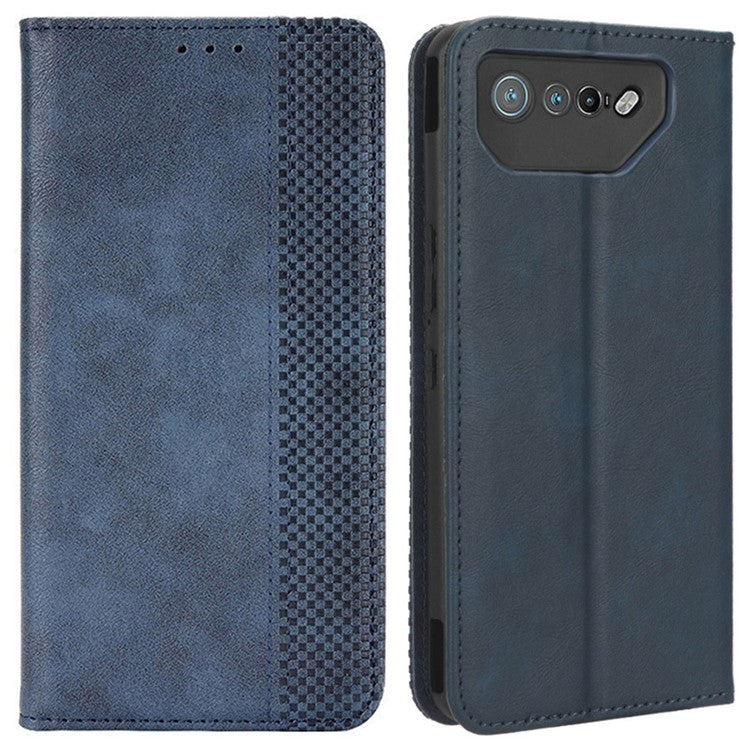 For Asus ROG Phone 7 5G Retro PU Leather Cover Stand Wallet Magnetic Closure Mobile Phone Case - Blue