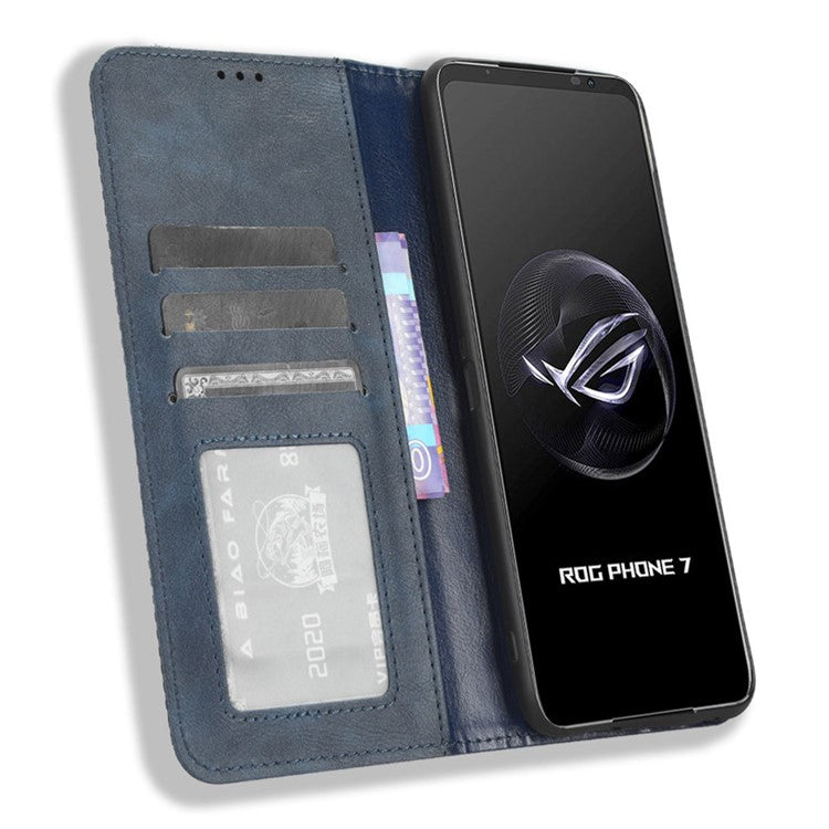 For Asus ROG Phone 7 5G Retro PU Leather Cover Stand Wallet Magnetic Closure Mobile Phone Case - Blue