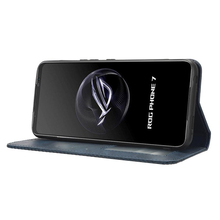 For Asus ROG Phone 7 5G Retro PU Leather Cover Stand Wallet Magnetic Closure Mobile Phone Case - Blue