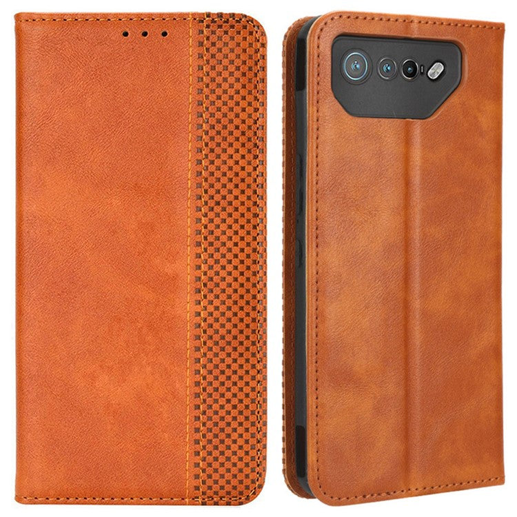 For Asus ROG Phone 7 5G Retro PU Leather Cover Stand Wallet Magnetic Closure Mobile Phone Case - Brown