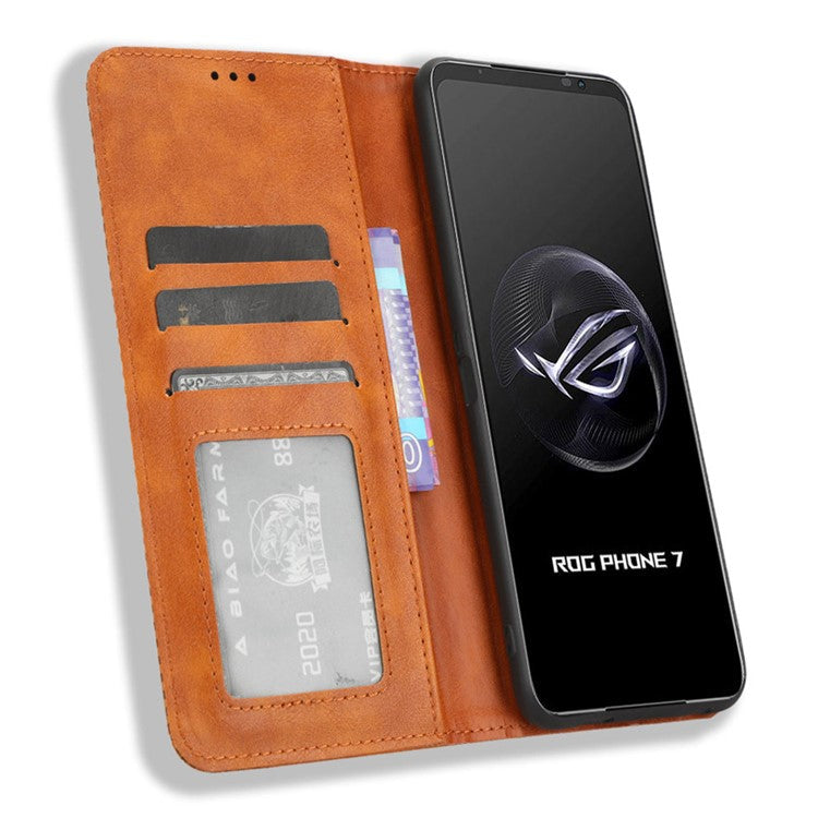 For Asus ROG Phone 7 5G Retro PU Leather Cover Stand Wallet Magnetic Closure Mobile Phone Case - Brown