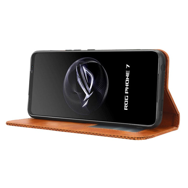 For Asus ROG Phone 7 5G Retro PU Leather Cover Stand Wallet Magnetic Closure Mobile Phone Case - Brown