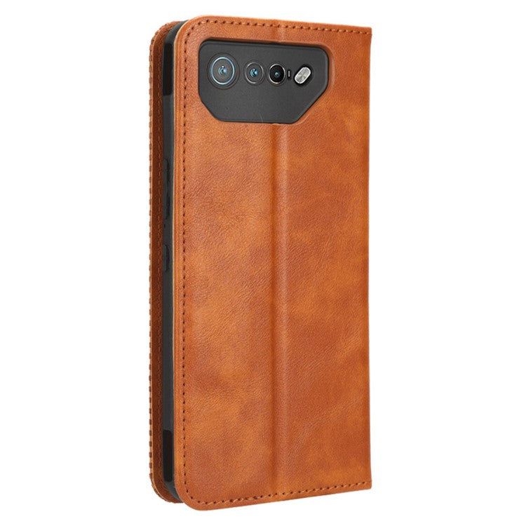 For Asus ROG Phone 7 5G Retro PU Leather Cover Stand Wallet Magnetic Closure Mobile Phone Case - Brown