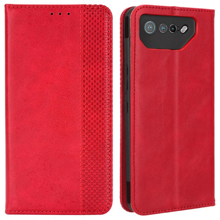 For Asus ROG Phone 7 5G Retro PU Leather Cover Stand Wallet Magnetic Closure Mobile Phone Case - Red