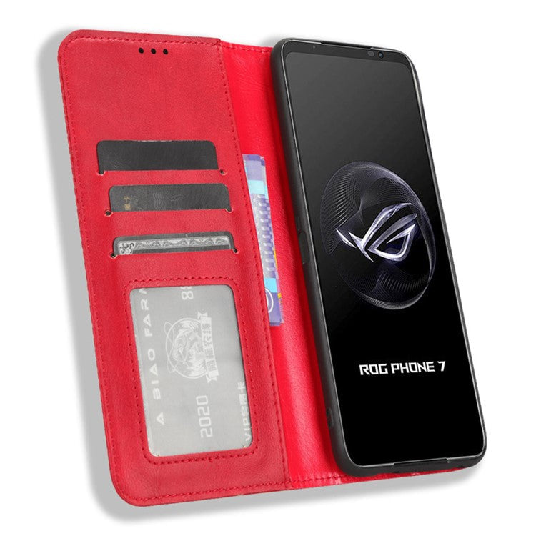 For Asus ROG Phone 7 5G Retro PU Leather Cover Stand Wallet Magnetic Closure Mobile Phone Case - Red