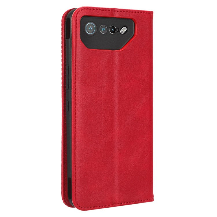 For Asus ROG Phone 7 5G Retro PU Leather Cover Stand Wallet Magnetic Closure Mobile Phone Case - Red