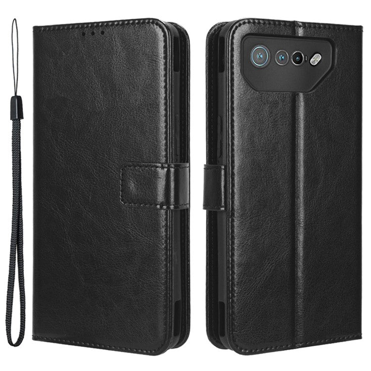 Stand Case for Asus ROG Phone 7 5G Scratch Proof Crazy Horse Texture Wallet PU Leather Phone Cover - Black
